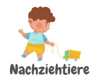 Ein Kind zieht ein Holz-Nachziehtier mit einer Schnur hinter sich her.