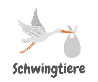 Ein fliegender Storch trägt einen Baby-Sack, darunter der Schriftzug "Schwingtiere".
