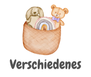 Holzkiste mit einem Hund und einem Bären sowie einem Regenbogen-Spielzeug. Farbenfrohes, kinderfreundliches Design.