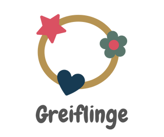 Bunter Greifling mit Formen wie Stern, Herz und Blume in einem Ring, darunter der Schriftzug "Greiflinge".