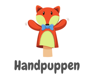Bunte Handpuppe in Fuchsform mit Fliege, darunter der Schriftzug "Handpuppen".