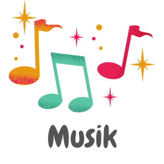 Bunte Musiknoten in verschiedenen Formen und Farben, umgeben von funkelnden Sternen und dem Wort "Musik".